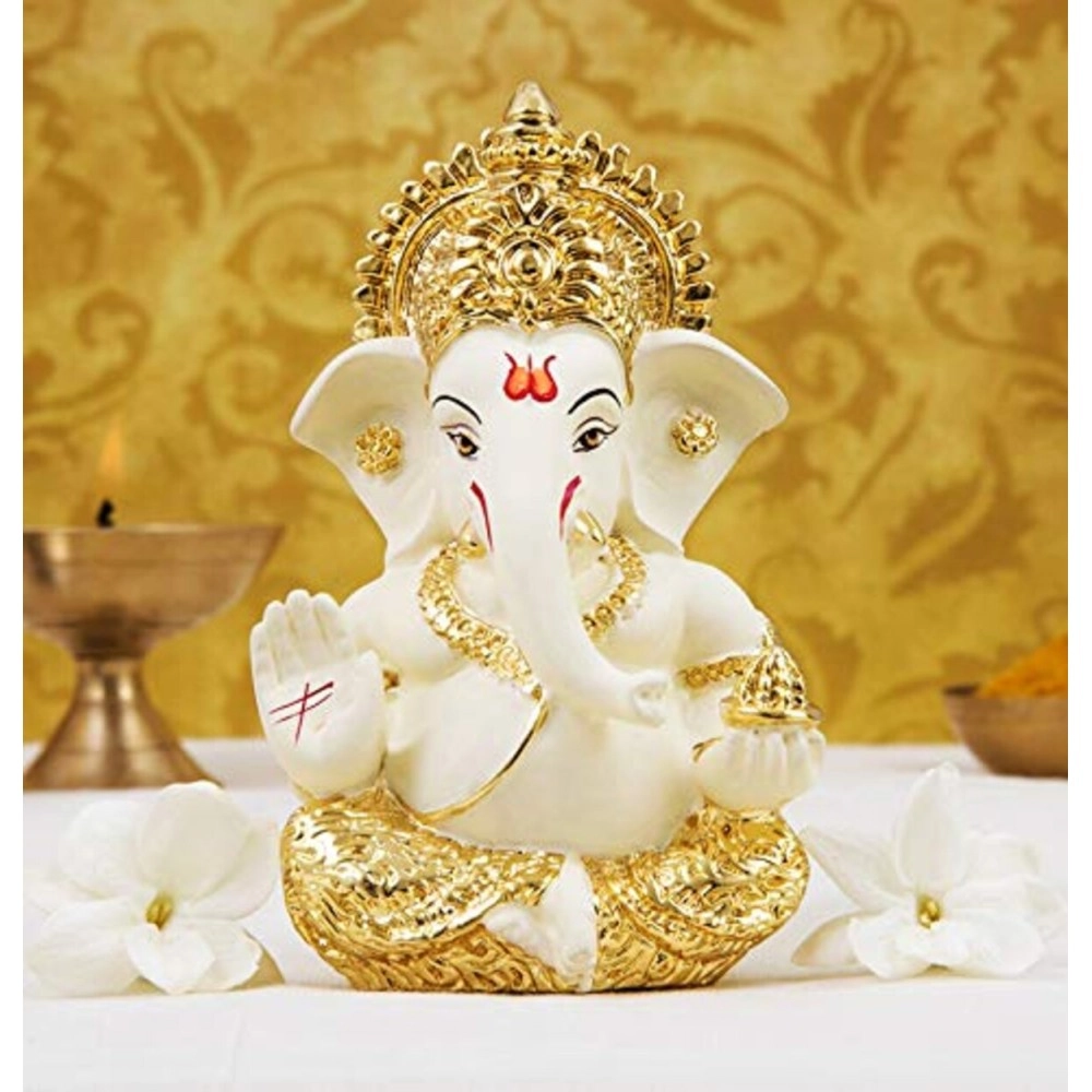 Gold Art India Ceramic Car Dashboard Ganesha Idol, 3.5 x 2 inch,1 Idol