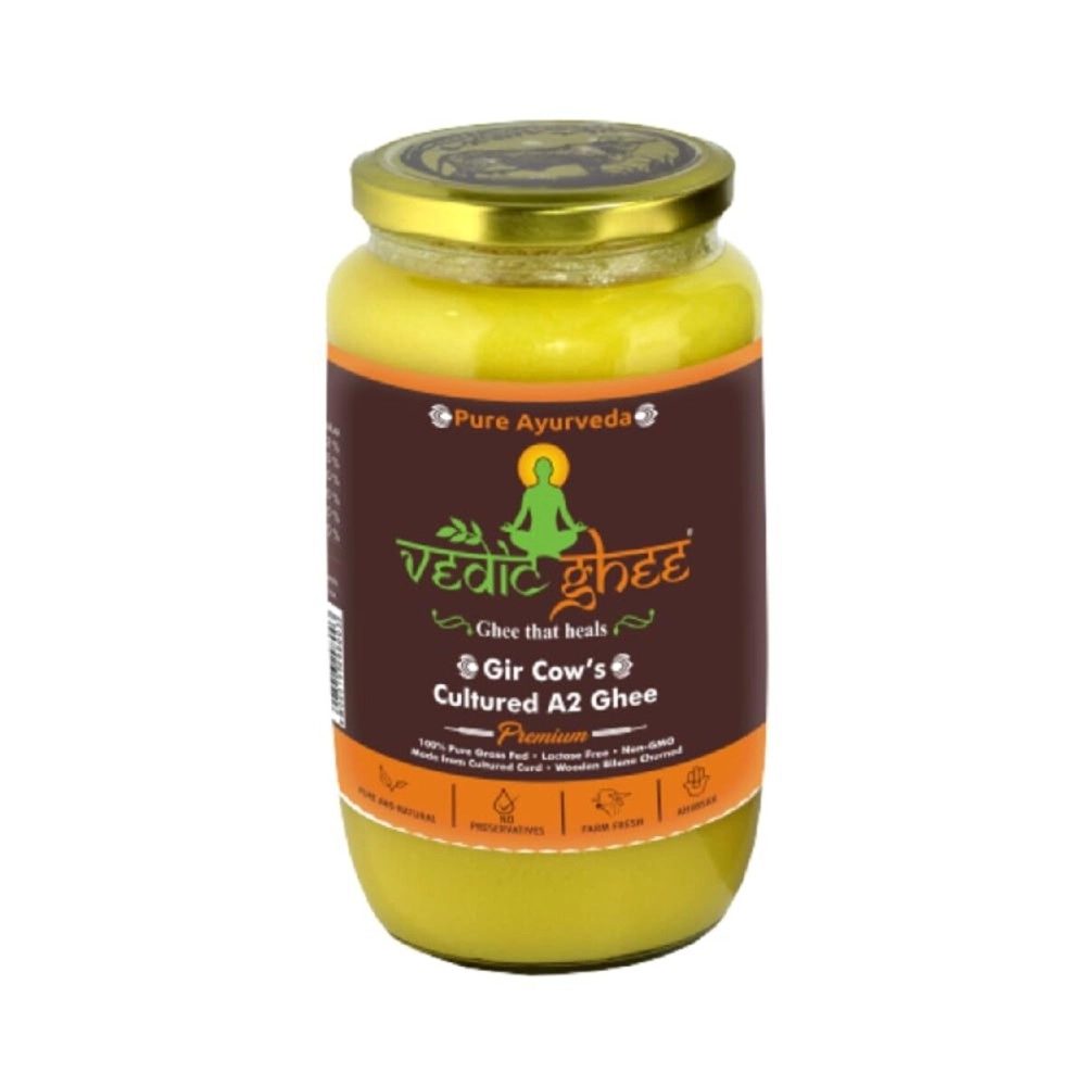 Vedic Ghee Premium A2 Gir Cow Cultured Desi Ghee from Kesariya Farm | Vedic Bilona Two Way Churned | Indian Gir Cow Ghee, Pure A2 Ghee, Natural & Healthy, Non-GMO | Lab Certified (1L)