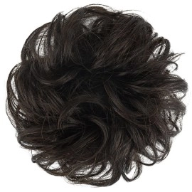 FESHFEN 100% Human Hair Scrunchies (2 Dark Brown) Curly Messy Hair Bun Extensions Wedding Hair Pieces for Women Kids Hair Updo Donut Chignons