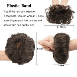 FESHFEN 100% Human Hair Scrunchies (2 Dark Brown) Curly Messy Hair Bun Extensions Wedding Hair Pieces for Women Kids Hair Updo Donut Chignons