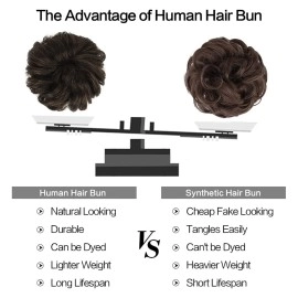 FESHFEN 100% Human Hair Scrunchies (2 Dark Brown) Curly Messy Hair Bun Extensions Wedding Hair Pieces for Women Kids Hair Updo Donut Chignons