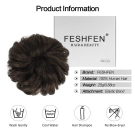 FESHFEN 100% Human Hair Scrunchies (2 Dark Brown) Curly Messy Hair Bun Extensions Wedding Hair Pieces for Women Kids Hair Updo Donut Chignons