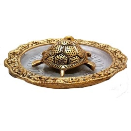 Trendy Crafts Metal Feng Shui Tortoise On Plate Showpiece (Golden, Diameter: 5.5 Inch)