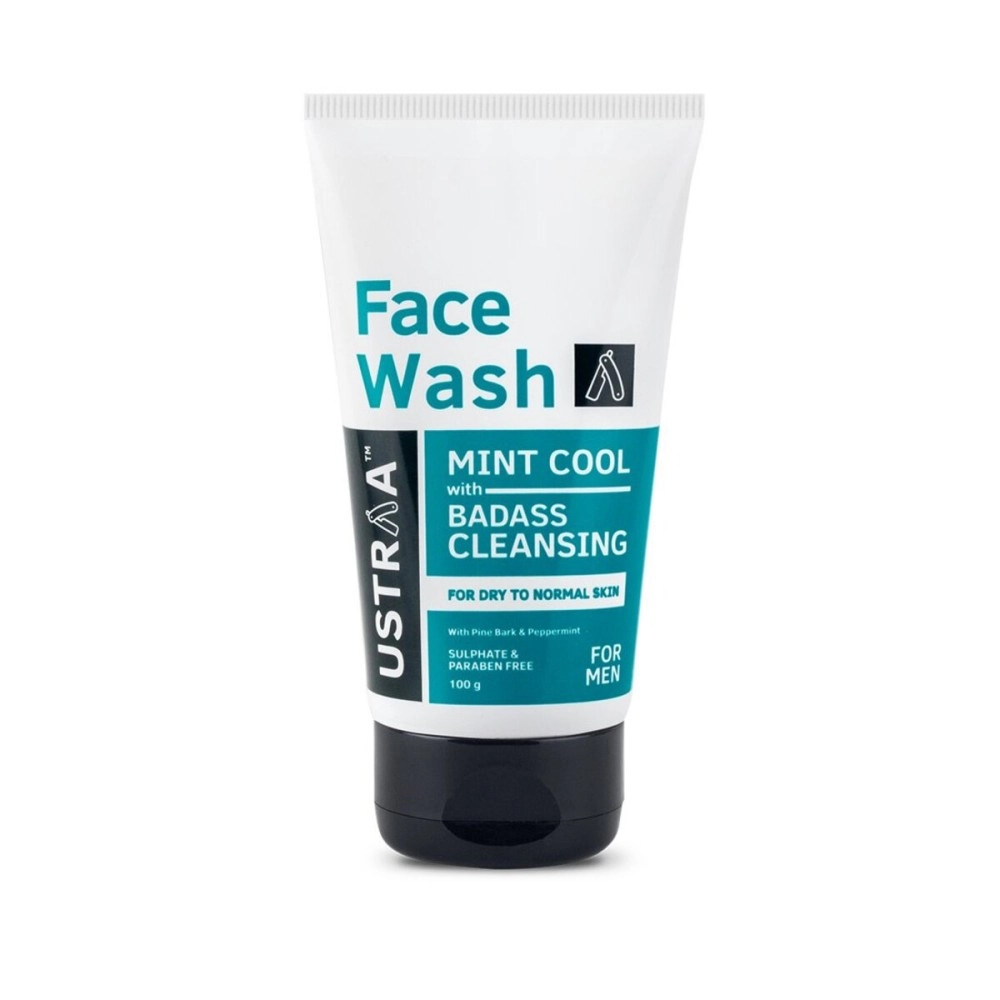 Ustraa Face Wash - Mint Cool - For Dry to Normal Skin - 100g | Reduces Moisture Loss | Removes Dirt & Dead Skin | with Pine Bark & Peppermint | NO SLS, NO PARABEN