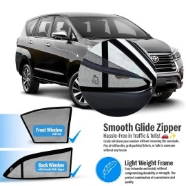 Autofact Magnetic Car Sunshades Compatible with Toyota Innova Crysta (2016 to 2024) (Set of 6) - Easy Installation, UV Protection (Front 2 Half-Cut for Side Mirror Visibility, Rear 2 with Zippers)