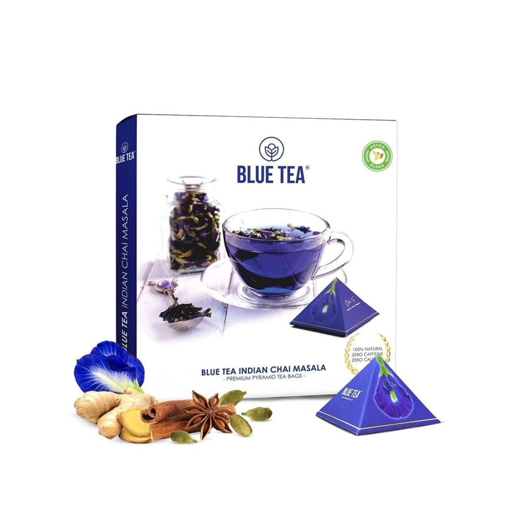 BLUE TEA - Indian Chai Masala - Plant Based Tea Bags, 12 Count | TEA GIFT PACK | Herbal Tea - Caffeine Free - Gluten Free - Flower & Spices Based | Direct From Source