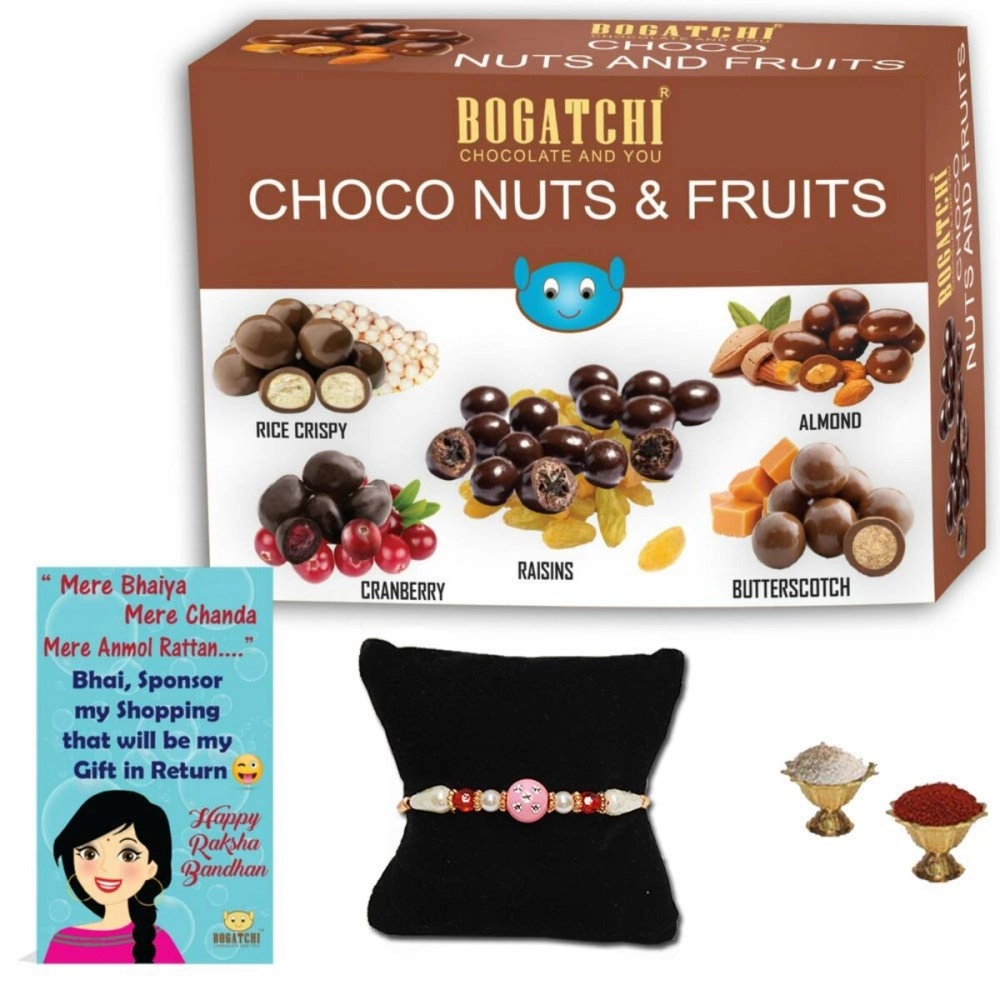 BOGATCHI Rakhi Gift for Brother, Rakhi Combo, Rakhi Gift Hamper, Rakhi Chocolate Coated Assorted Nuts and Fruits for Bro, 5pcs + Free Rakhi Greeting Card + Free Rakhi + Roli Chawal