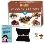 BOGATCHI Rakhi Gift for Brother, Rakhi Combo, Rakhi Gift Hamper, Rakhi Chocolate Coated Assorted Nuts and Fruits for Bro, 5pcs + Free Rakhi Greeting Card + Free Rakhi + Roli Chawal
