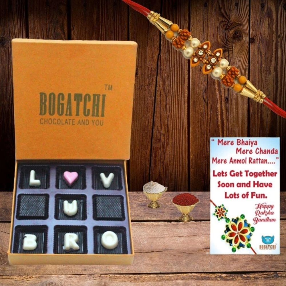 BOGATCHI Rakhi-Chocolates 9 Pieces with Greeting Card and Rakhi and Roli Chawal