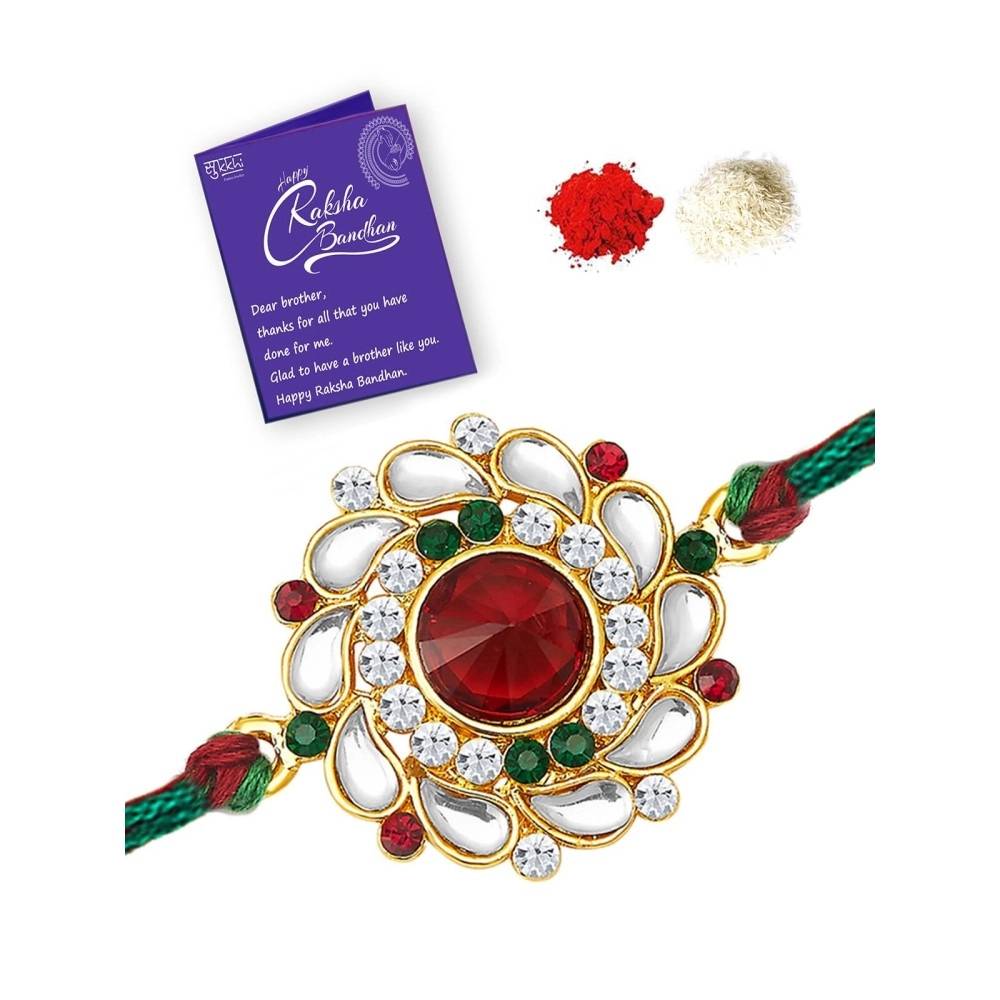 Sukkhi Rakhi Elegant Floral Kundan Designer Gold Plated Premium Rakhi for Brother With Roli Chawal & Greeting Card | Rakhi for Bhaiya | Rakhi for MEN | Kundan Rakhi | (RAK73480)