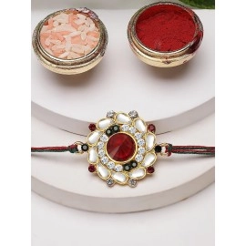 Sukkhi Rakhi Elegant Floral Kundan Designer Gold Plated Premium Rakhi for Brother With Roli Chawal & Greeting Card | Rakhi for Bhaiya | Rakhi for MEN | Kundan Rakhi | (RAK73480)