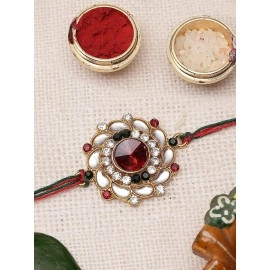 Sukkhi Rakhi Elegant Floral Kundan Designer Gold Plated Premium Rakhi for Brother With Roli Chawal & Greeting Card | Rakhi for Bhaiya | Rakhi for MEN | Kundan Rakhi | (RAK73480)