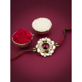 Sukkhi Rakhi Elegant Floral Kundan Designer Gold Plated Premium Rakhi for Brother With Roli Chawal & Greeting Card | Rakhi for Bhaiya | Rakhi for MEN | Kundan Rakhi | (RAK73480)
