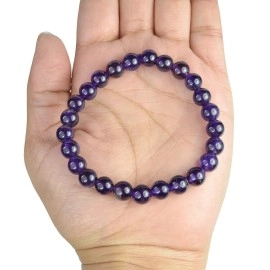 Reiki Crystal Products Certified Amethyst Natural Healing Stone Crystal Round Beads 8 mm Bracelet For Men, Women, Boys, Girls (Purple)