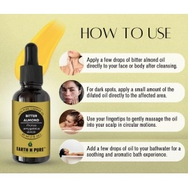Earth N Pure Bitter Almond Oil (Badam Oil)100% Cold-Pressed, Natural,Therapeutic Grade Carrier Oil With Glass Dropper-Promotes Healthy Looking Skin, Great As Baby Oil, Anti-Wrinkles, Anti-Aging(30 Ml)