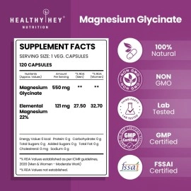 HealthyHey Nutrition High Absorption Magnesium Glycinate, 550mg - 120 Vegetable Capsules
