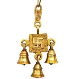 UAPAN Metal Craft Golden Brass Hanging 3 Bells Swastika Hanging Decor