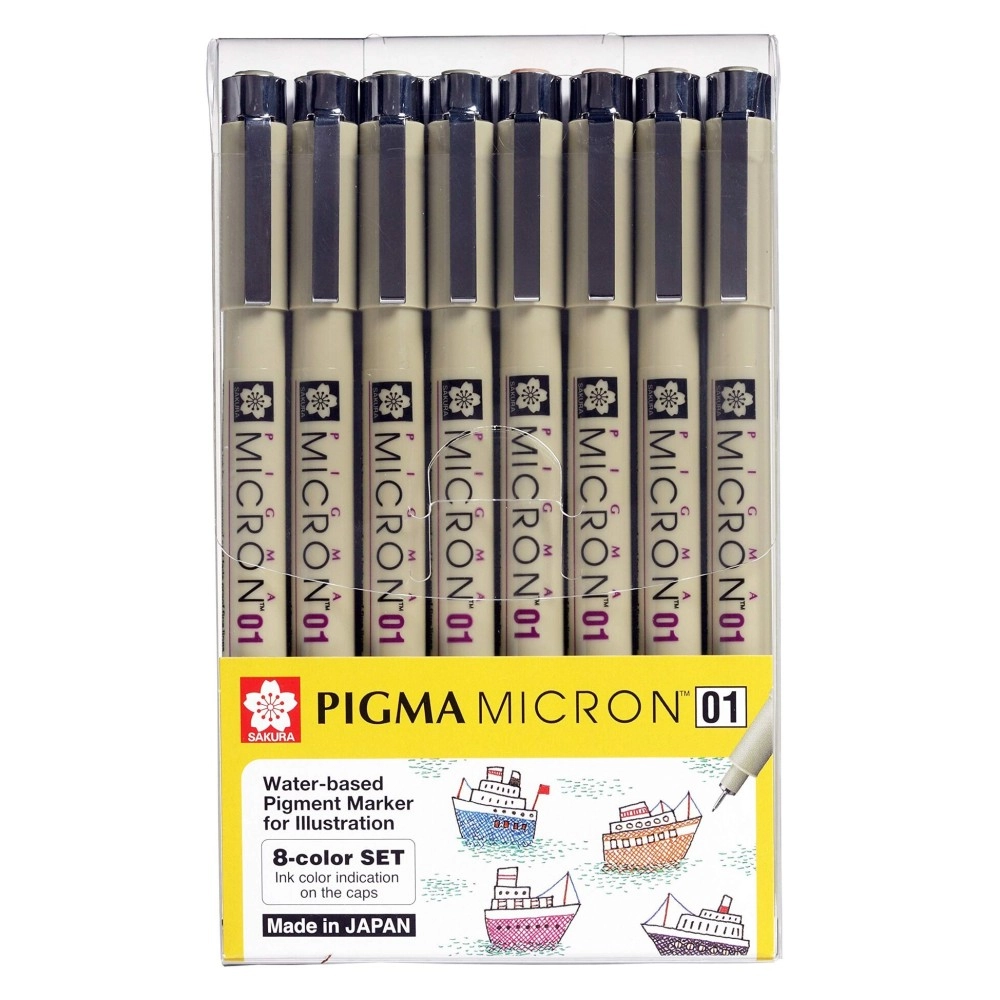Sakura Pigma Micron line Drawing 8 Color pens Set, Bible journaling Study kit, Assorted fine Point 01 (Multi 8 Colors)