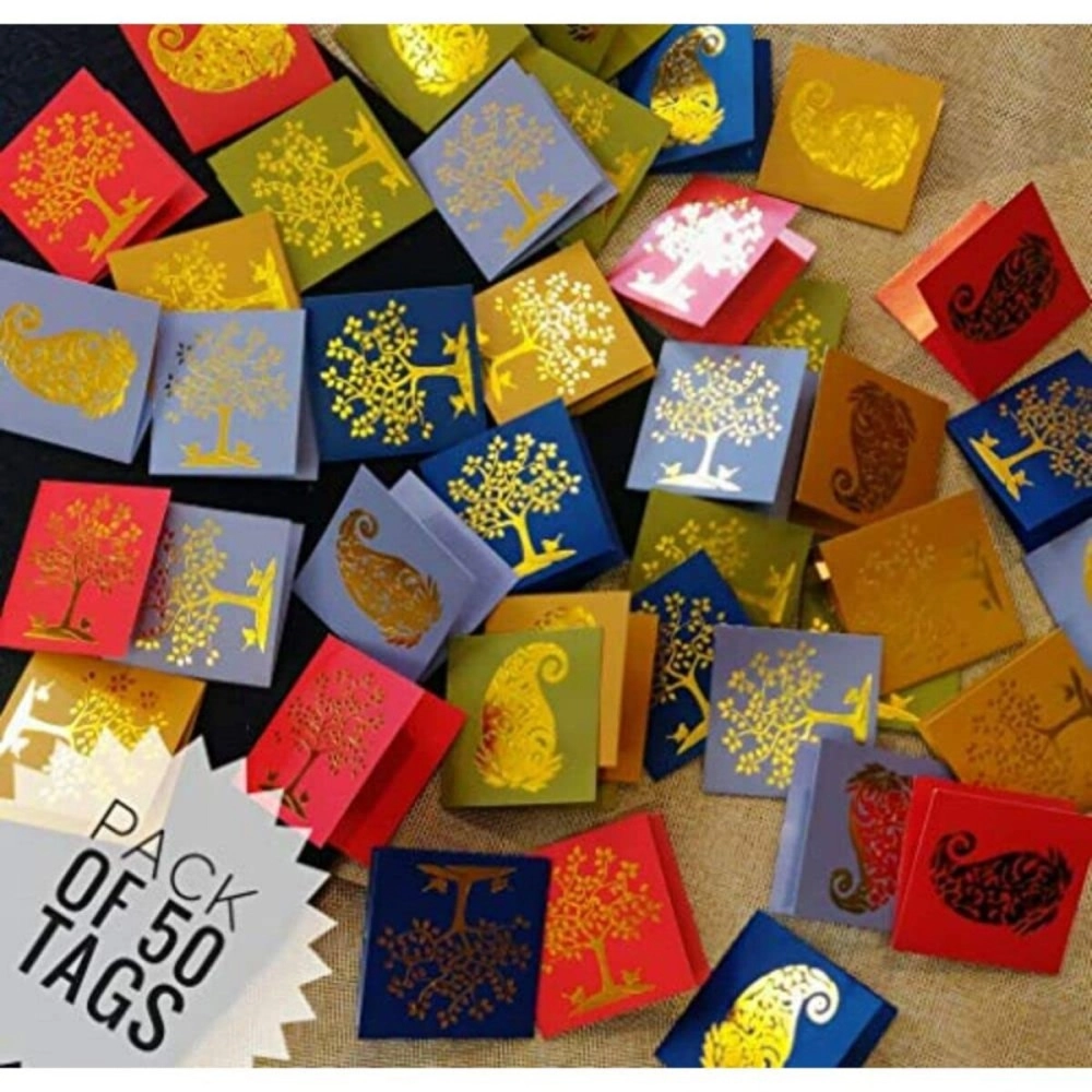 Satyam Kraft Paper Small Traditional Print Multipurpose Gift Tag for Crafts, 6.5x0.2x6.5cm (Multicolour) - Pack of 50