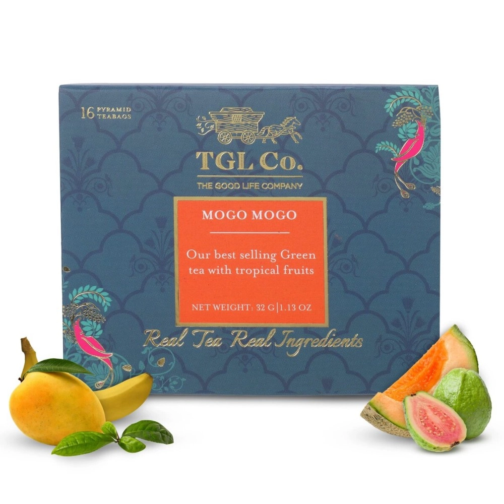 TGL Mogo Mogo Green Tea Bags, 16 Tea Bags, Ice Brews Cold Brew and Hot Brew Ice Tea| Used for Iced Tea Cocktails, Mocktail |Ingredients - Banana, Mango, Melon, Passion flower Leaves, Sunflowers, Guava