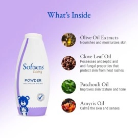 Softsens Baby Powder|Enriched with Patchouli & Olive|Soothes & Moisturises Babys Skin|Mild,Dermatologically Tested,Hypoallergenic & Paraben-Free|200g (Pack of 3)