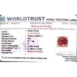LMDPRAJAPATIS 5.25 Ratti 4.55 Carat A+ Quality Natural Ruby Manik Loose Gemstone
