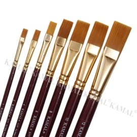 KAMAL Flat Artist Quality Painting Brush Golden Taklon/Synthetic Hair Handmade Quality (Maroon/Golden Handle)