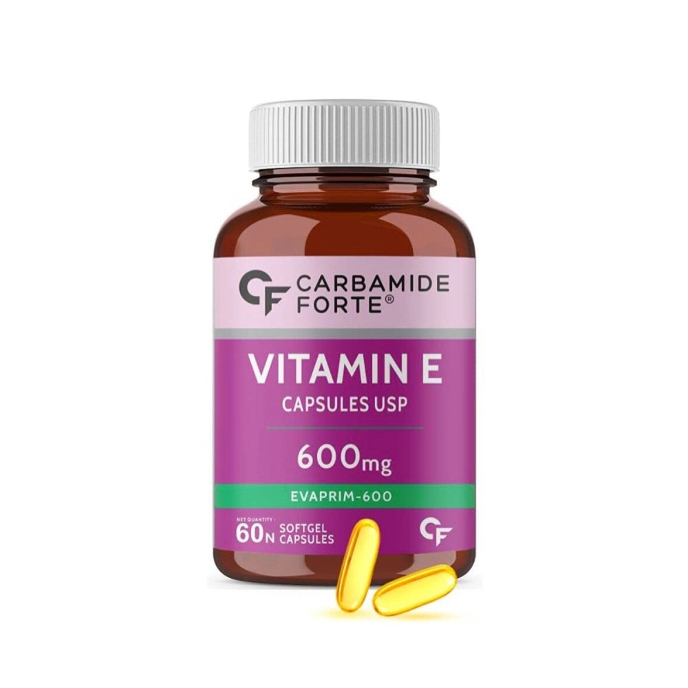 Carbamide Forte Vitamin E 600mg Capsules for Face and Hair | 100% Natural Vitamin E, Paraben Free- 60 Capsules