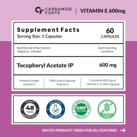 Carbamide Forte Vitamin E 600mg Capsules for Face and Hair | 100% Natural Vitamin E, Paraben Free- 60 Capsules