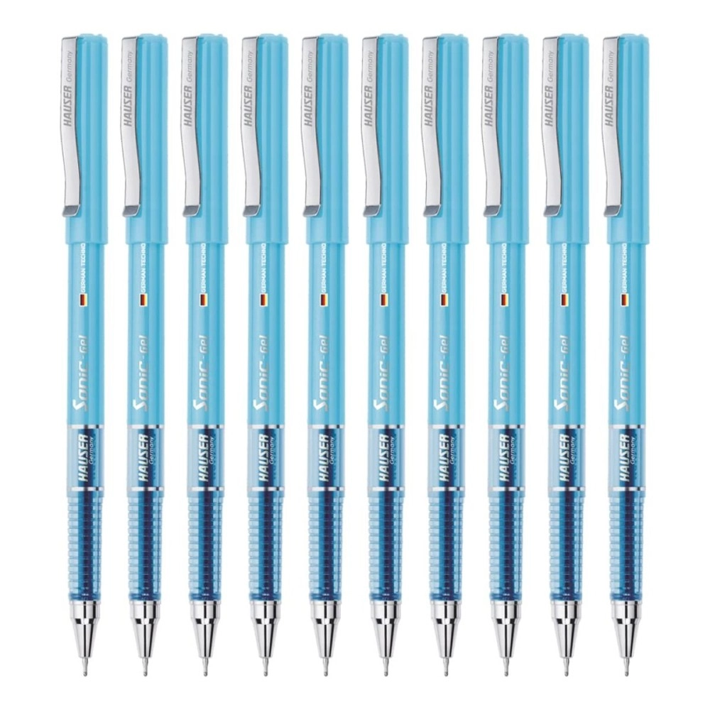 Hauser Germany Sonic 0.55mm Gel Pen Box Pack | Attractive Foiled Body | Stylish Metal Clip | Refillable & Waterproof Gel Ink | Technology For Smooth & Effortless Writing | Blue Ink, Set of 10 Gel Pens