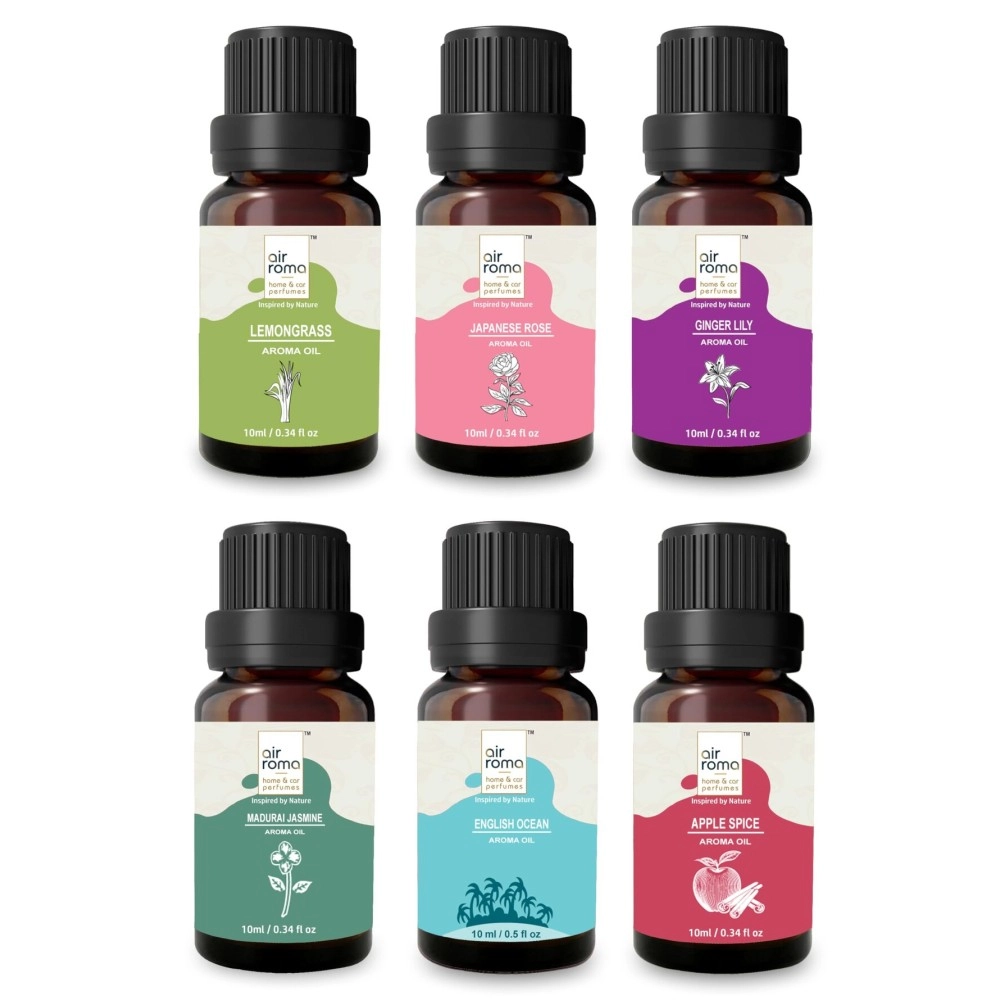 AIR-ROMA Aroma Diffuser Oil Combo of 6 (Lemon Grass Japanese Rose, Madurai Jasmine, Apple Spice, English Ocean and Ginger Lily) 60ml for Home, Candle, Office
