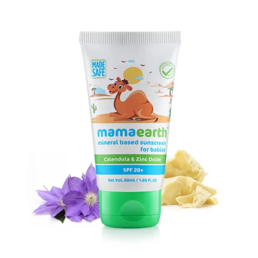 Mamaearth Mineral Based Sunscreen for Babies | With Calendula, Zinc Oxide & Cocoa Butter | SPF 20+ | Soothes, Nourishes & Protects Delicate Skin | Safe for 0+ Months | Toxin-Free | 50ml