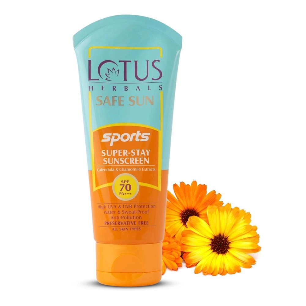 Lotus Herbals Safe Sun Sports Super Stay Sunscreen Cream Spf 70 Pa+++, Sweat & Waterproof, Preservatives Free, 80G, Multi