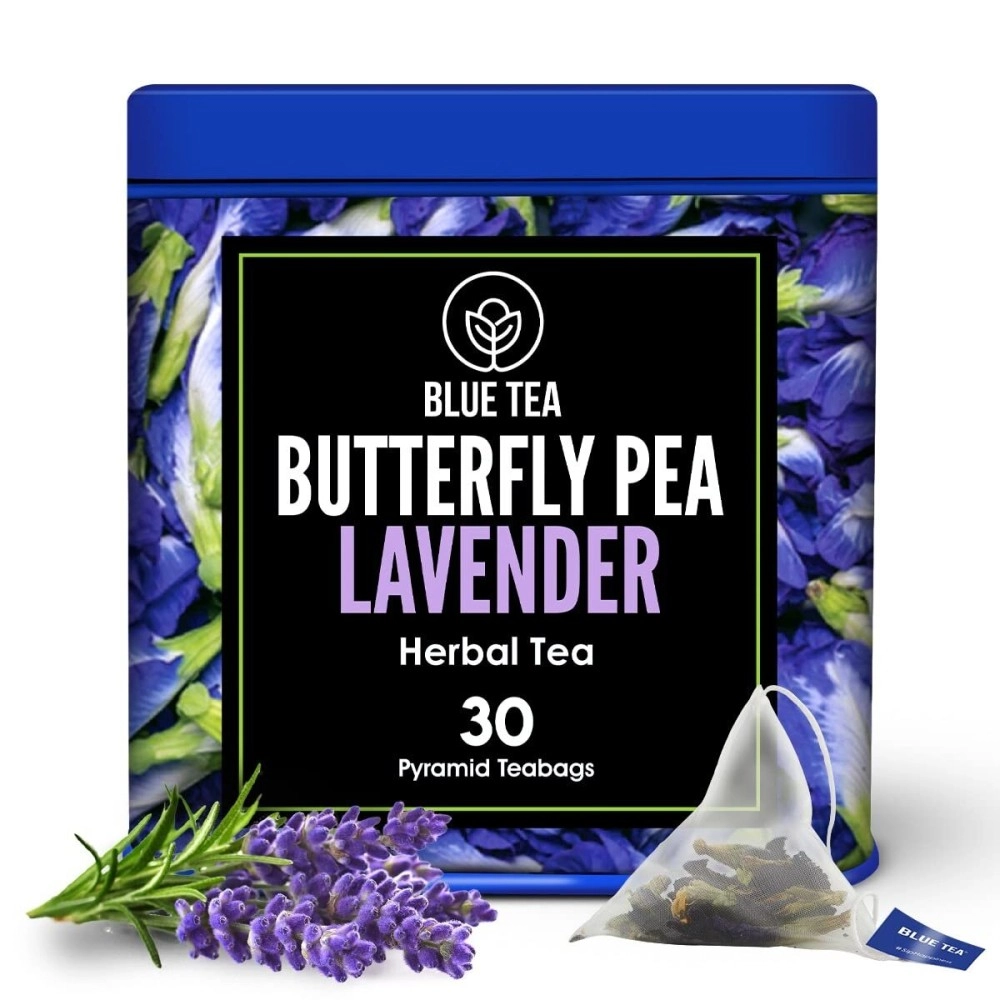 BLUE TEA - Butterfly Pea Flower Lavender Tea - 30 Pyramid Tea Bags | Caffeine Free - CALMING & STRESS RELIEF | For Natural colorant of COCKTAIL & Mocktails | GMO Free - Gluten Free | Premium Tin Pack