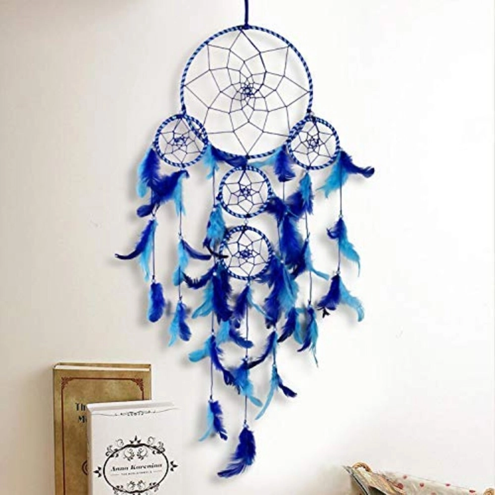 DULI Dream Catcher Traditional Indian Dreamcatcher Wall Art for Bedrooms, Home Wall, Hanging Design, Height 75 cm Dream Catchers(Blue),Metal, Feathers Dreamcatcher (Big Blue)