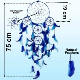 DULI Dream Catcher Traditional Indian Dreamcatcher Wall Art for Bedrooms, Home Wall, Hanging Design, Height 75 cm Dream Catchers(Blue),Metal, Feathers Dreamcatcher (Big Blue)