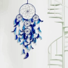 DULI Dream Catcher Traditional Indian Dreamcatcher Wall Art for Bedrooms, Home Wall, Hanging Design, Height 75 cm Dream Catchers(Blue),Metal, Feathers Dreamcatcher (Big Blue)