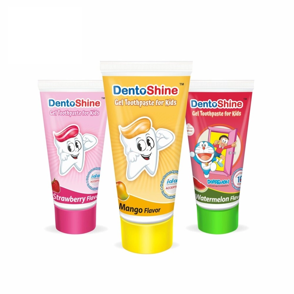 DentoShine Gel Toothpaste for Kids - Pack of 3 Flavors (Strawberry, Mango & Watermelon, 80 g each)