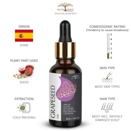 All Naturals 100% Pure Grapeseed Oil Cold Pressed For Skin Tightening, Acne & Hair Growth, 30Ml