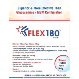 Trexgen FLEX180 Advanced Total Joint Pain & Cartilage Repair-Matrix Collagen Type 2(350mg Hydrolyzed & Undenatured 40mg),Chondroitin 100mg,Hyaluronic acid 50mg,Rosehip 375mg (Pack of 1x30 Tablets)