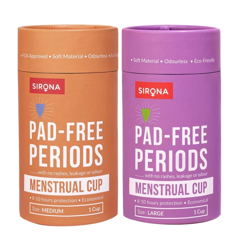 Sirona Reusable Menstrual Cup for Women with Pouch | Ultra Soft, Odour and Rash Free | 100% Medical Grade Silicone | No Leakage | Protection for Up to 8-10 Hours | FDA Approved (Large & Medium)