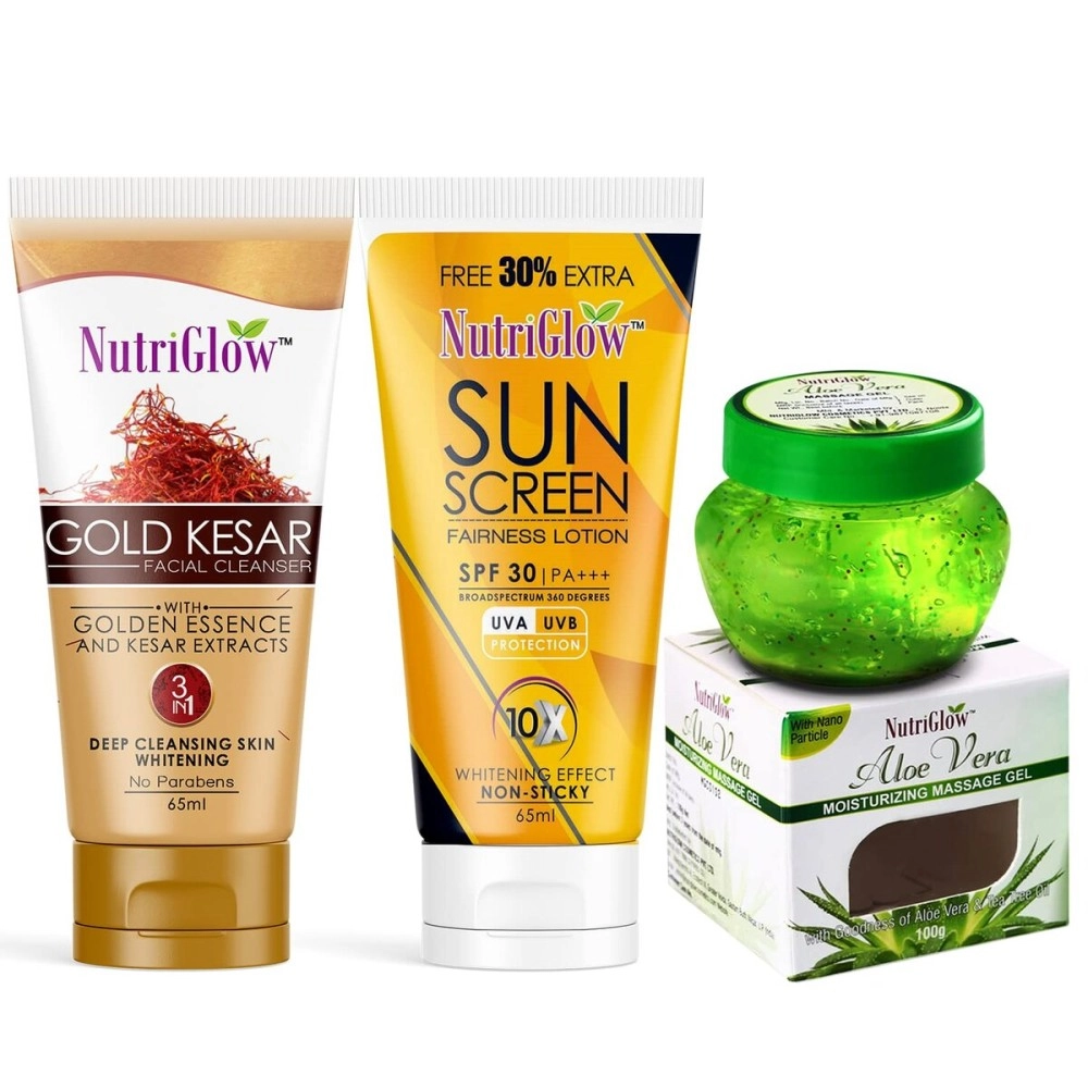 NUTRIGLOW Gold Kesar Face Wash with Sunscreen and Aloe Vera Gel, Pack of 3 (65ml + 65ml + 100g)