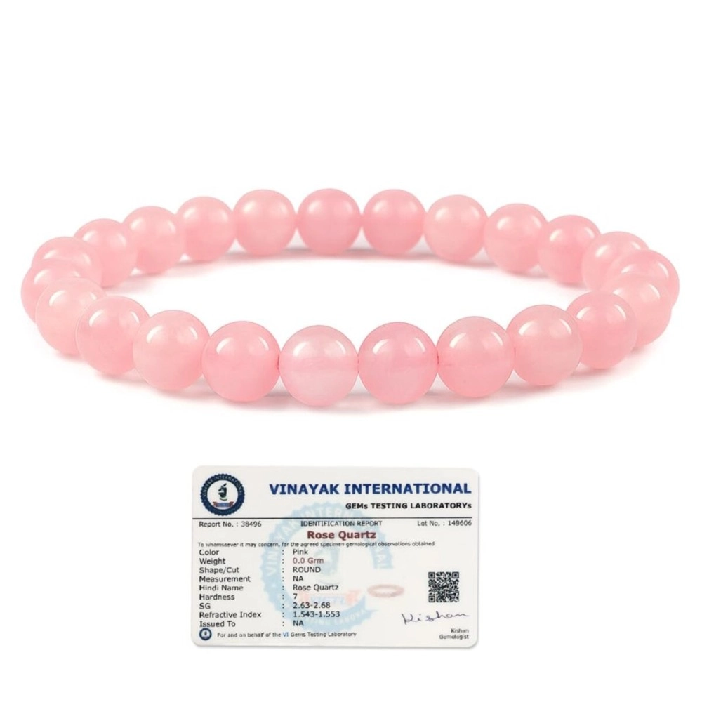 Reiki Crystal Products Certified Natural Rose Stone Quartz Bracelet Round Beads 8 mm Crystal Bracelet for Men, Women, Boys, Girls (Pink)