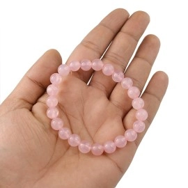 Reiki Crystal Products Certified Natural Rose Stone Quartz Bracelet Round Beads 8 mm Crystal Bracelet for Men, Women, Boys, Girls (Pink)