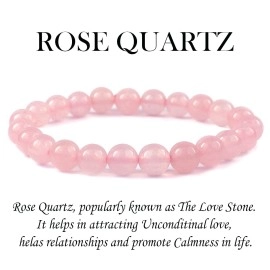 Reiki Crystal Products Certified Natural Rose Stone Quartz Bracelet Round Beads 8 mm Crystal Bracelet for Men, Women, Boys, Girls (Pink)