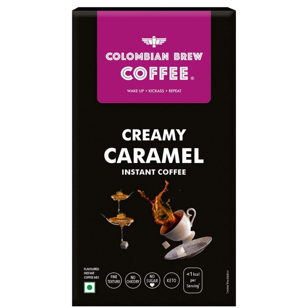 COLOMBIAN BREW COFFEE Creamy Caramel Instant Powder, No Sugar Vegan, 50gm