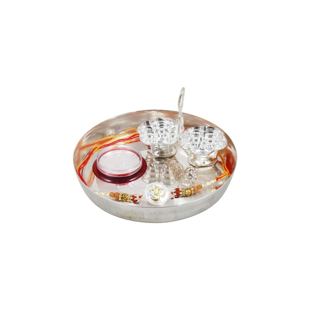 GoldGiftIdeas Pure 999 Silver OM Rakhi for Brother, Golden -Silver Rakhi for Rakshabandhan with Pooja Thali Set (5 Inch) Rakhi Gift for Men/Boys (Bracelet)