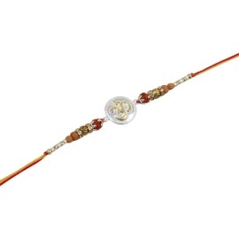 GoldGiftIdeas Pure 999 Silver OM Rakhi for Brother, Golden -Silver Rakhi for Rakshabandhan with Pooja Thali Set (5 Inch) Rakhi Gift for Men/Boys (Bracelet)