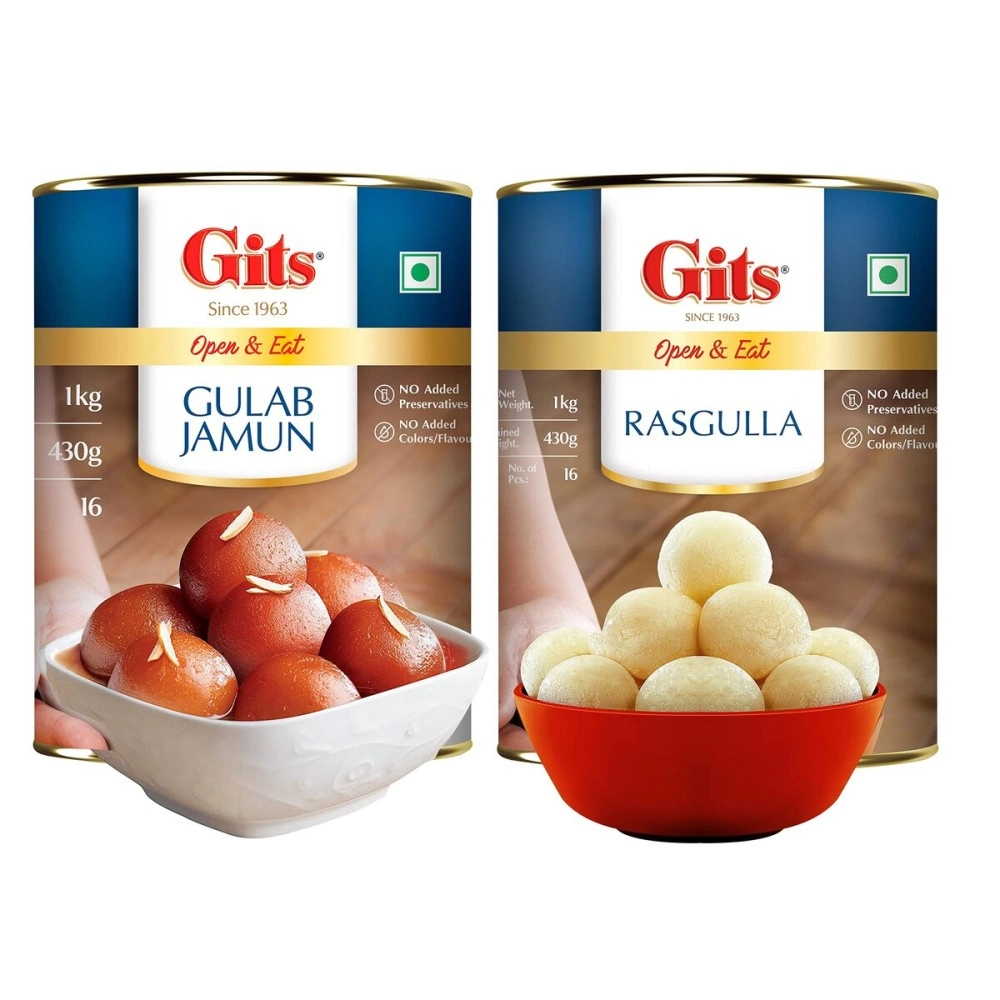 Gits Open & Eat Gulab Jamun + Rasgulla, 16 Pieces Per Can, Mouth-Watering Indian Mithai, 2Kg (2000gram)(1Kg Gulab Jamun Tin + 1Kg Rasgulla Tin)