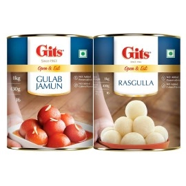 Gits Open & Eat Gulab Jamun + Rasgulla, 16 Pieces Per Can, Mouth-Watering Indian Mithai, 2Kg (2000gram)(1Kg Gulab Jamun Tin + 1Kg Rasgulla Tin)